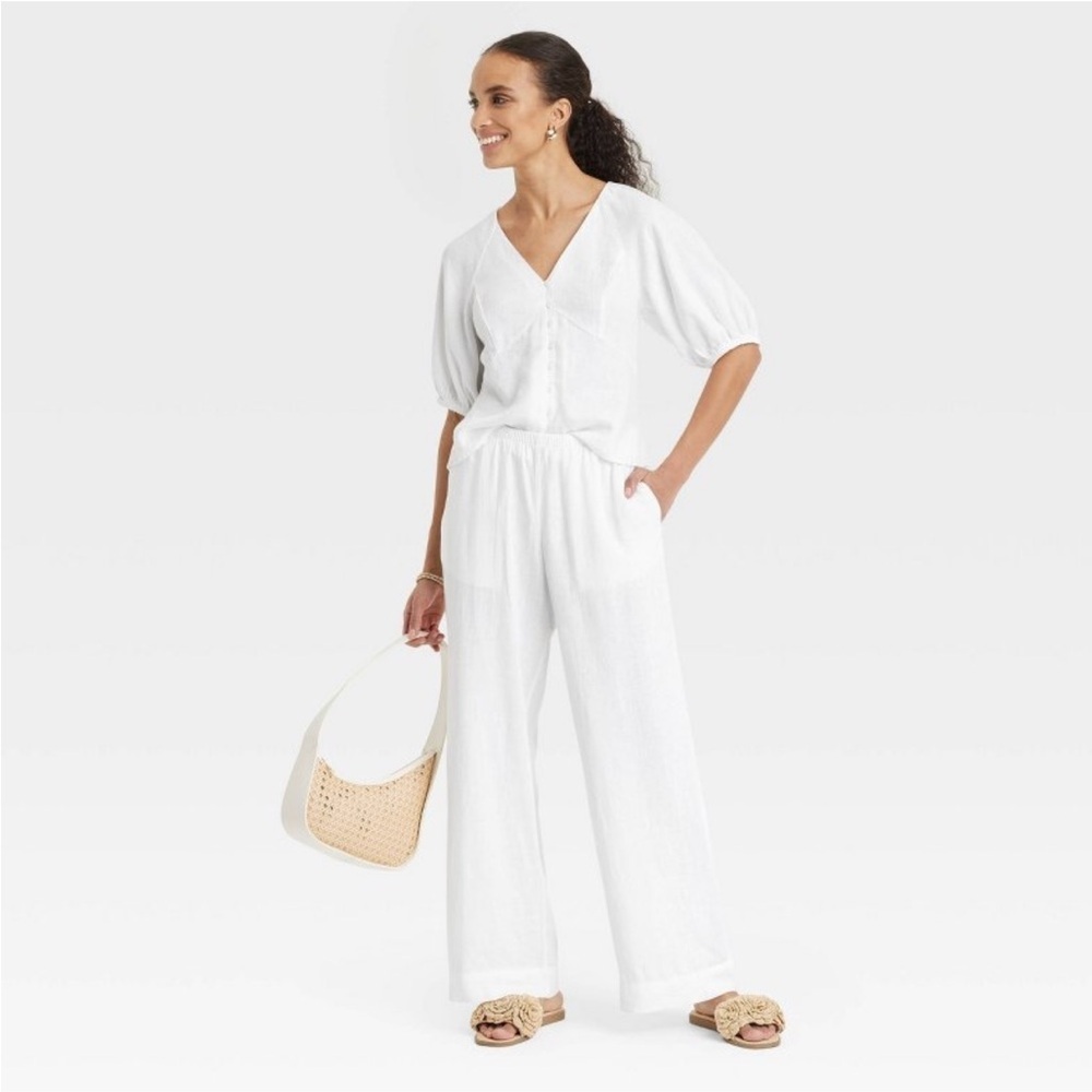 Mid-Rise Wide Leg Linen Pull-On Pants - A New Day™ White L Long new 🆕